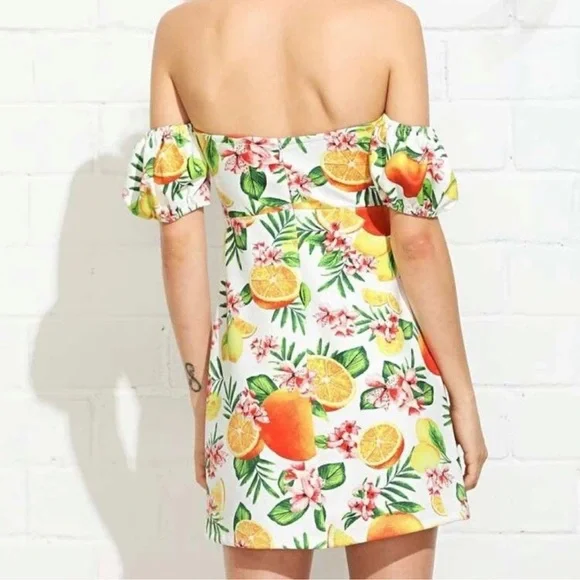 Off-The-Shoulder Bubble Sleeve Fruit Print Mini Dress • New • Medium - Picture 2 of 3